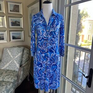 Lilly Pulitzer Ainsley Polo Dress in the Coastal Blue Whispurr Print UPF50+ XS